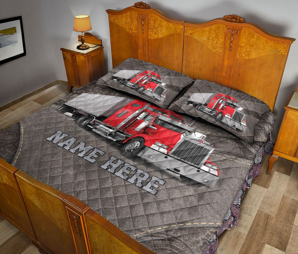 Ohaprints-Quilt-Bed-Set-Pillowcase-Red-Truck-Brown-Pattern-Trucker-Driver-Custom-Personalized-Name-Blanket-Bedspread-Bedding-3543-King (90'' x 100'')