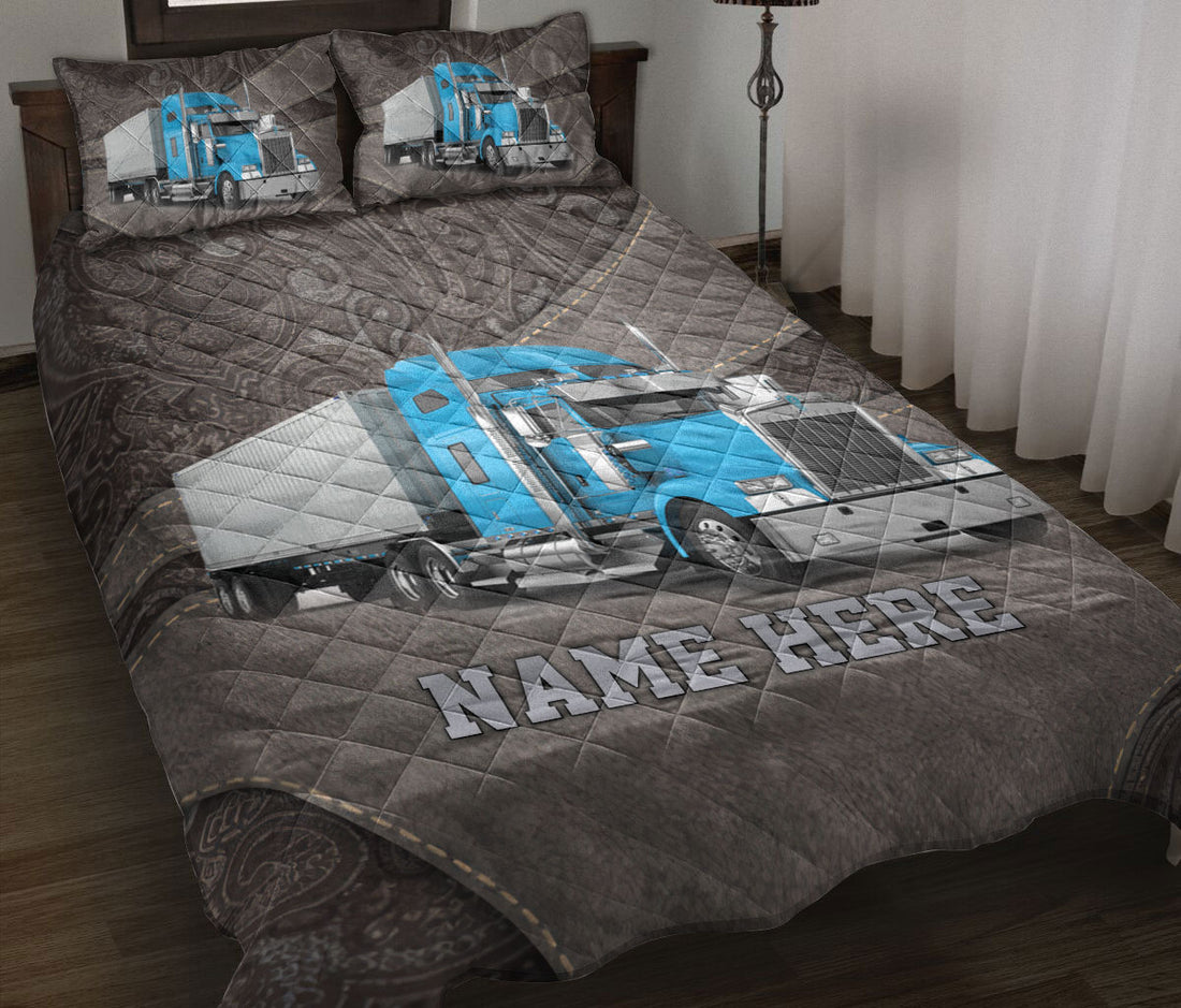 Ohaprints-Quilt-Bed-Set-Pillowcase-Blue-Truck-Brown-Pattern-Driver-Trucker-Custom-Personalized-Name-Blanket-Bedspread-Bedding-3545-Throw (55'' x 60'')