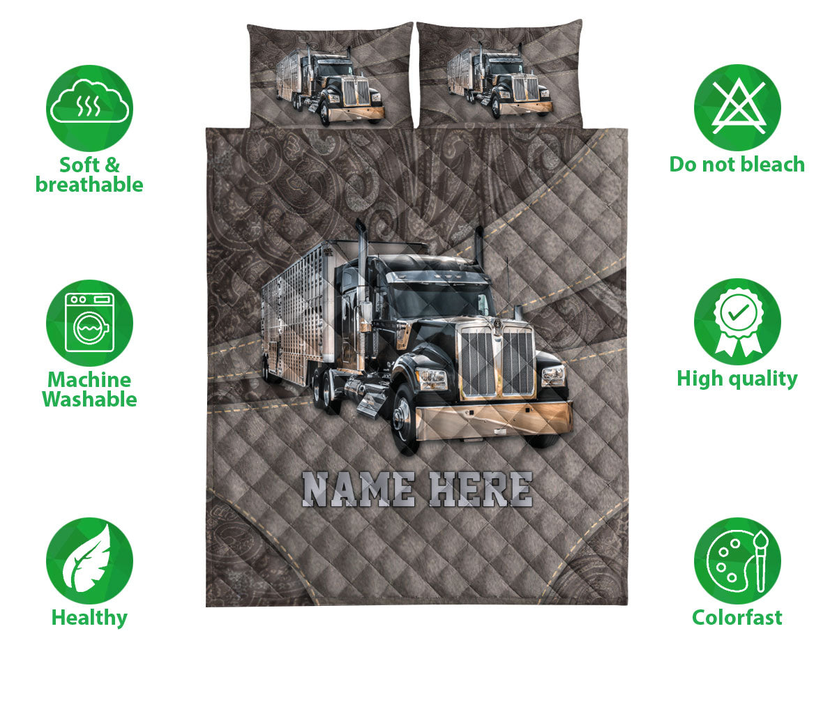 Ohaprints-Quilt-Bed-Set-Pillowcase-Black-Truck-Trucker-Driver-Brown-Pattern-Custom-Personalized-Name-Blanket-Bedspread-Bedding-3546-Double (70'' x 80'')