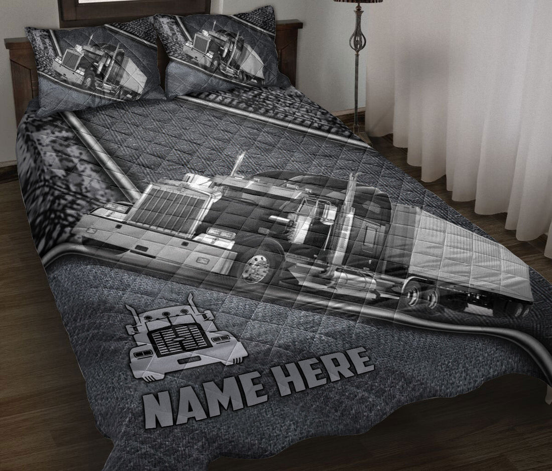 Ohaprints-Quilt-Bed-Set-Pillowcase-Black-Truck-Gray-Metal-Trucker-Truck-Driver-Custom-Personalized-Name-Blanket-Bedspread-Bedding-3547-Throw (55'' x 60'')