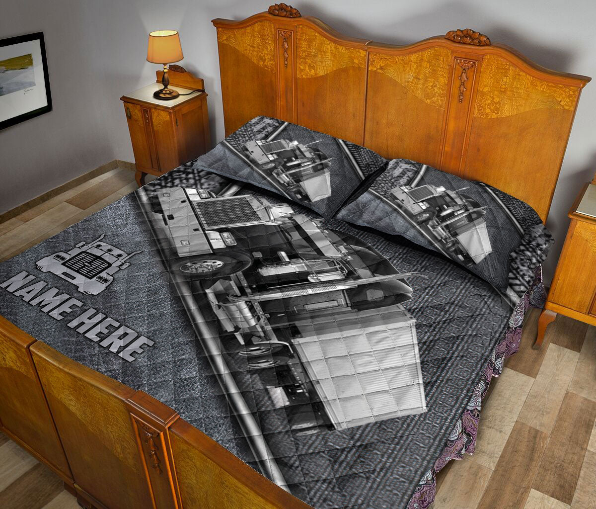 Ohaprints-Quilt-Bed-Set-Pillowcase-Black-Truck-Gray-Metal-Trucker-Truck-Driver-Custom-Personalized-Name-Blanket-Bedspread-Bedding-3547-King (90'' x 100'')