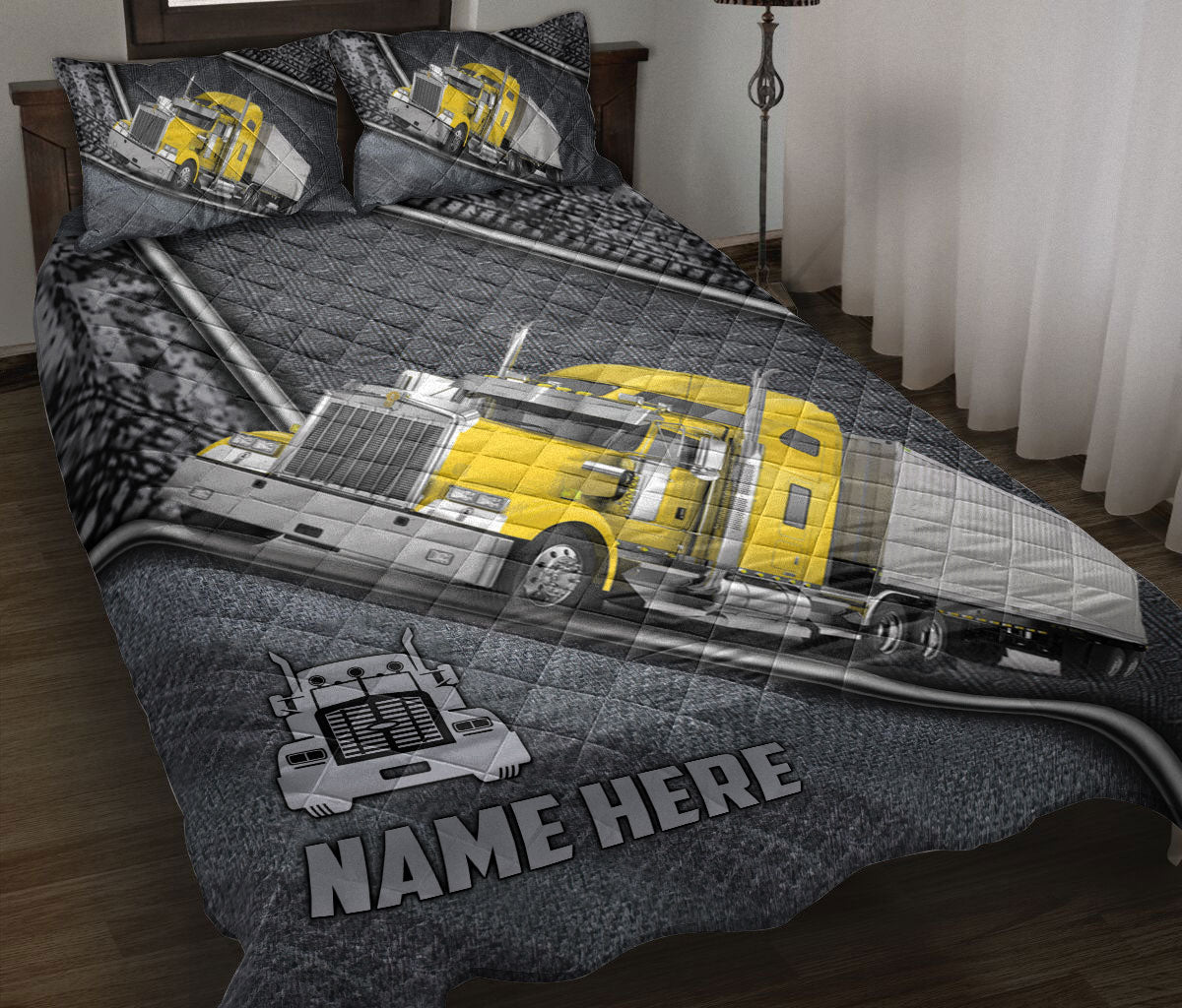Ohaprints-Quilt-Bed-Set-Pillowcase-Yellow-Truck-Gray-Metal-Trucker-Driver-Custom-Personalized-Name-Blanket-Bedspread-Bedding-3548-Throw (55'' x 60'')