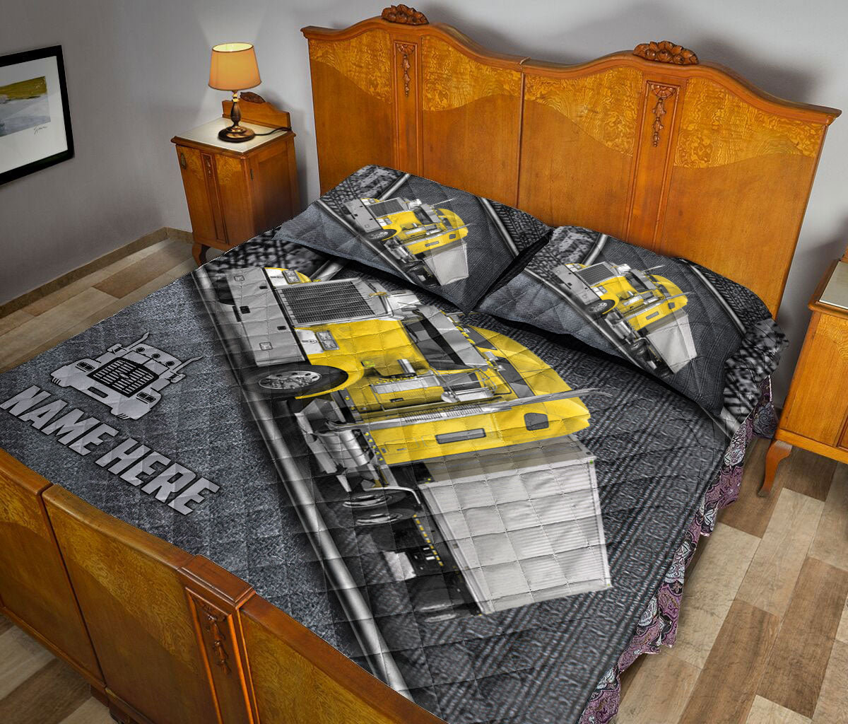 Ohaprints-Quilt-Bed-Set-Pillowcase-Yellow-Truck-Gray-Metal-Trucker-Driver-Custom-Personalized-Name-Blanket-Bedspread-Bedding-3548-King (90'' x 100'')