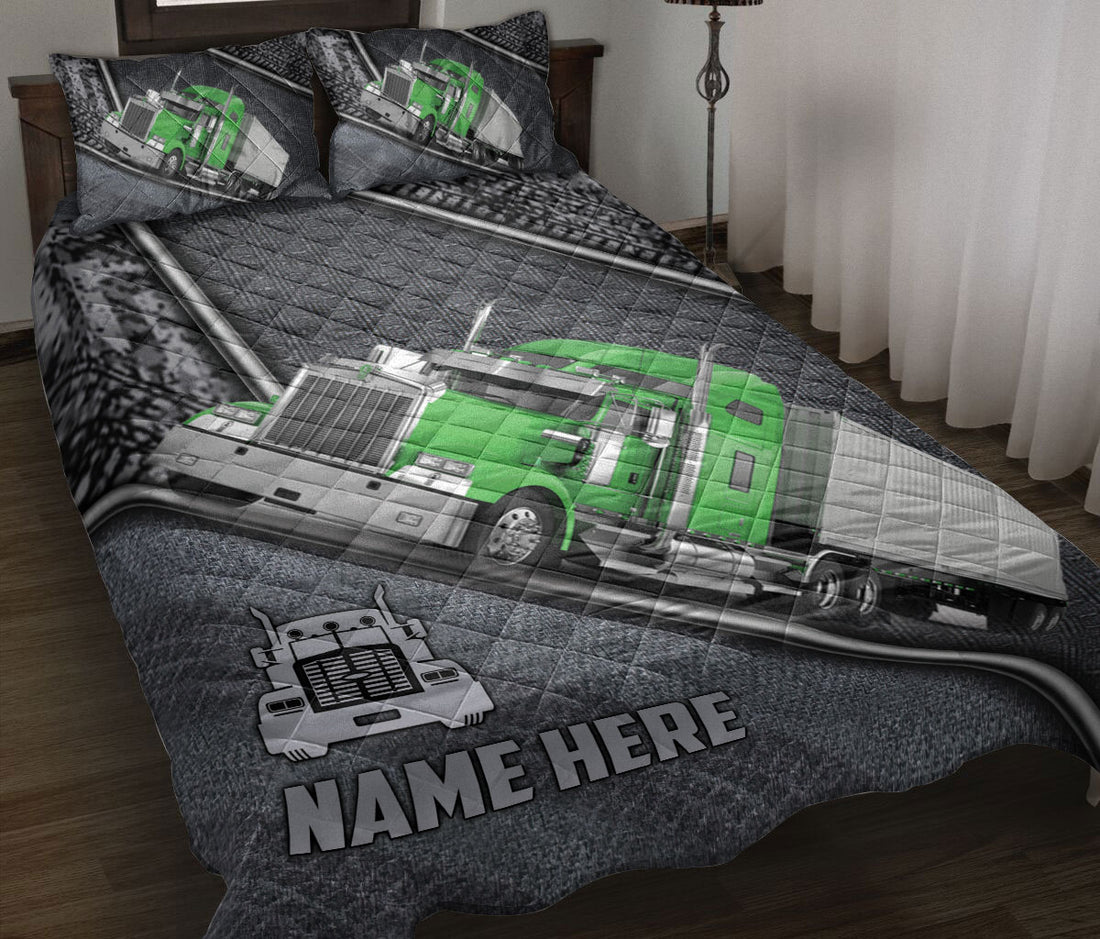 Ohaprints-Quilt-Bed-Set-Pillowcase-Green-Truck-Gray-Metal-Trucker-Truck-Driver-Custom-Personalized-Name-Blanket-Bedspread-Bedding-3549-Throw (55'' x 60'')