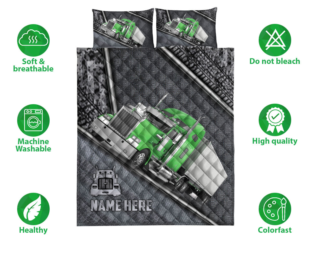 Ohaprints-Quilt-Bed-Set-Pillowcase-Green-Truck-Gray-Metal-Trucker-Truck-Driver-Custom-Personalized-Name-Blanket-Bedspread-Bedding-3549-Double (70'' x 80'')