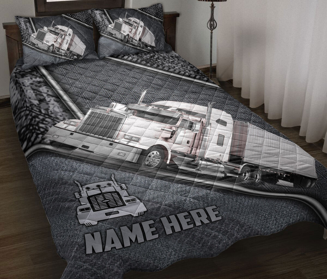 Ohaprints-Quilt-Bed-Set-Pillowcase-White-Truck-Gray-Metal-Trucker-Truck-Driver-Custom-Personalized-Name-Blanket-Bedspread-Bedding-3550-Throw (55'' x 60'')