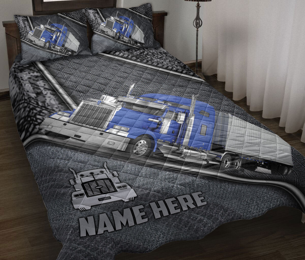 Ohaprints-Quilt-Bed-Set-Pillowcase-Blue-Truck-Gray-Metal-Trucker-Truck-Driver-Custom-Personalized-Name-Blanket-Bedspread-Bedding-3551-Throw (55'' x 60'')