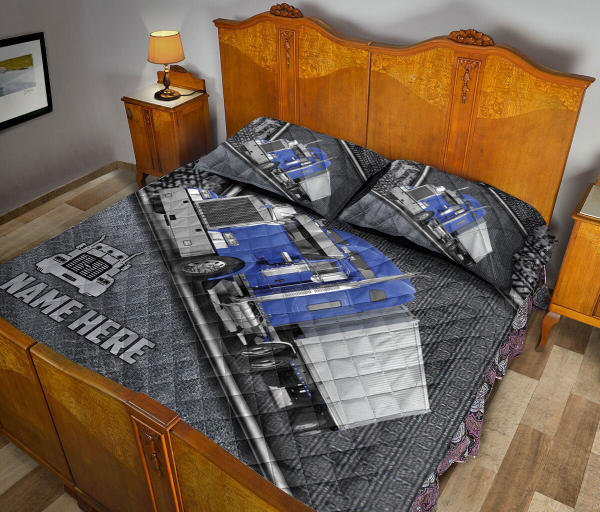 Ohaprints-Quilt-Bed-Set-Pillowcase-Blue-Truck-Gray-Metal-Trucker-Truck-Driver-Custom-Personalized-Name-Blanket-Bedspread-Bedding-3551-King (90'' x 100'')