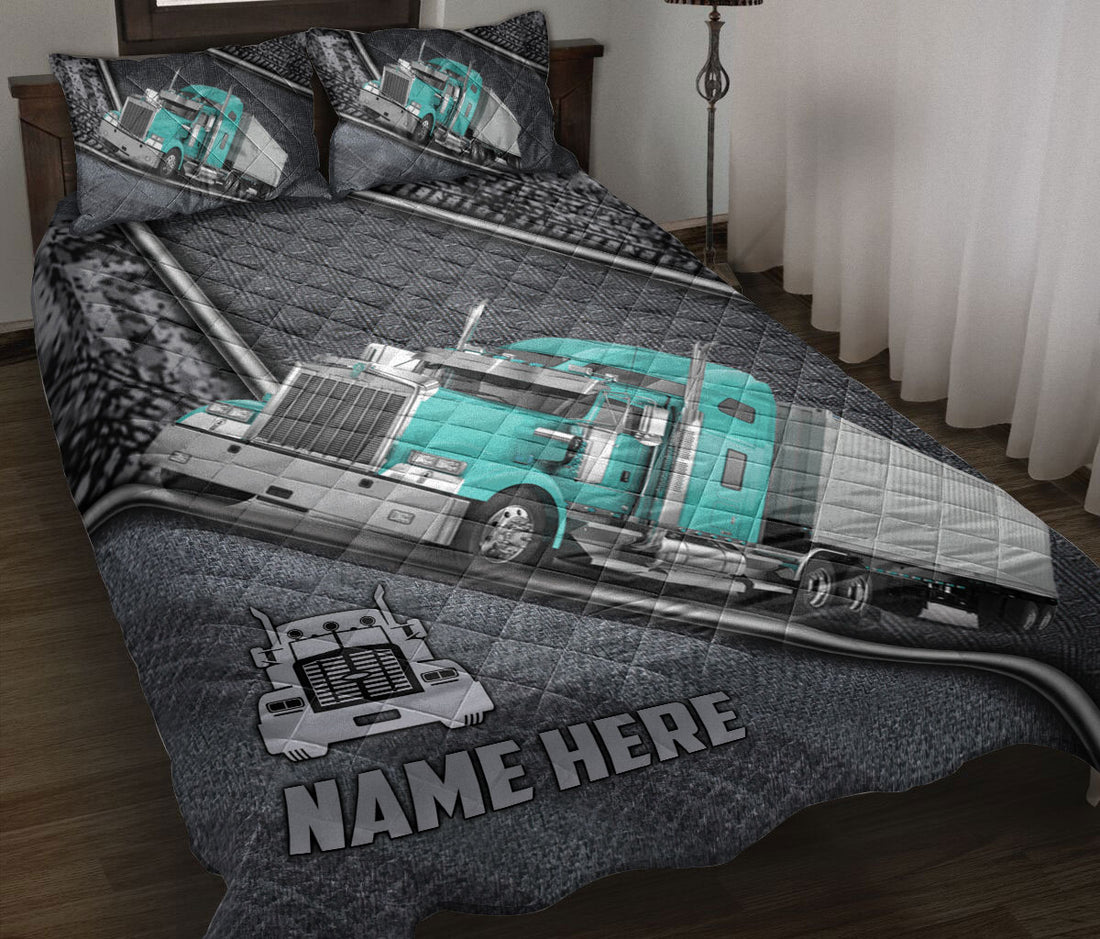 Ohaprints-Quilt-Bed-Set-Pillowcase-Cyan-Truck-Gray-Metal-Trucker-Truck-Driver-Custom-Personalized-Name-Blanket-Bedspread-Bedding-3552-Throw (55'' x 60'')