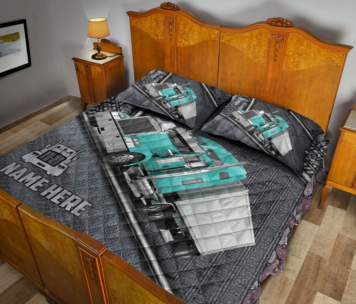 Ohaprints-Quilt-Bed-Set-Pillowcase-Cyan-Truck-Gray-Metal-Trucker-Truck-Driver-Custom-Personalized-Name-Blanket-Bedspread-Bedding-3552-King (90'' x 100'')