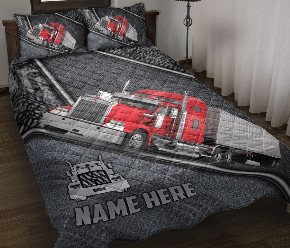 Ohaprints-Quilt-Bed-Set-Pillowcase-Red-Truck-Gray-Metal-Trucker-Truck-Driver-Custom-Personalized-Name-Blanket-Bedspread-Bedding-3553-Throw (55'' x 60'')