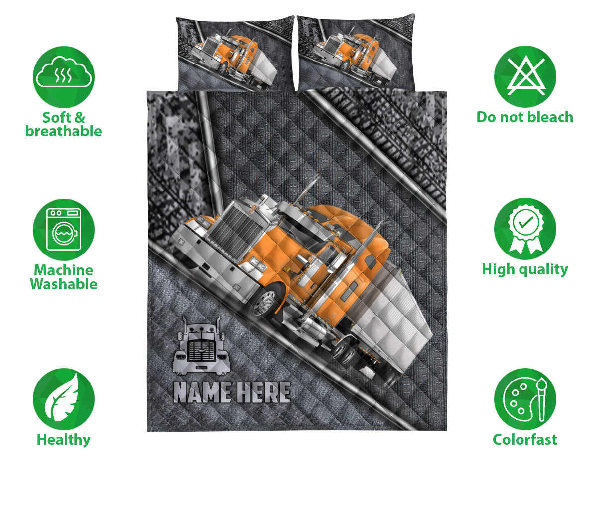 Ohaprints-Quilt-Bed-Set-Pillowcase-Orange-Truck-Gray-Metal-Trucker-Driver-Custom-Personalized-Name-Blanket-Bedspread-Bedding-3554-Double (70'' x 80'')