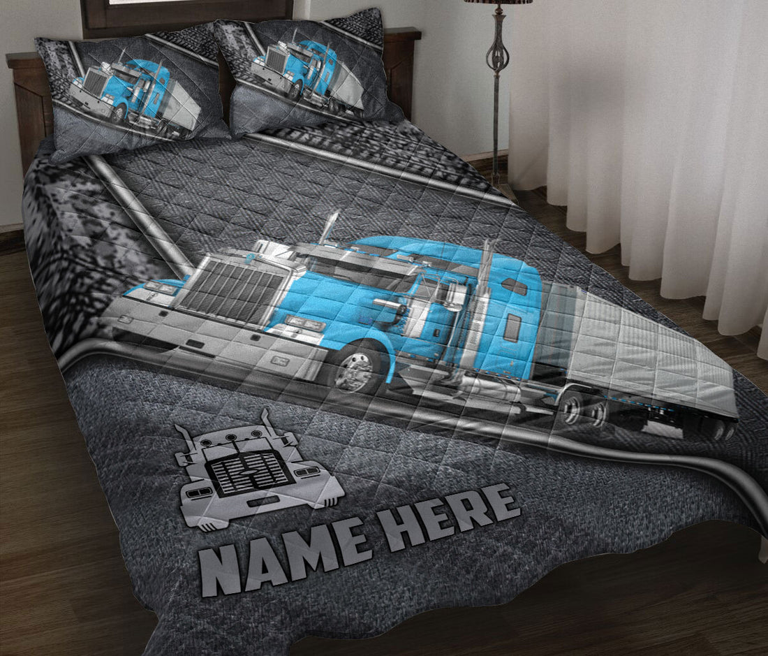 Ohaprints-Quilt-Bed-Set-Pillowcase-Blue-Royal-Truck-Gray-Metal-Trucker-Driver-Custom-Personalized-Name-Blanket-Bedspread-Bedding-3555-Throw (55'' x 60'')