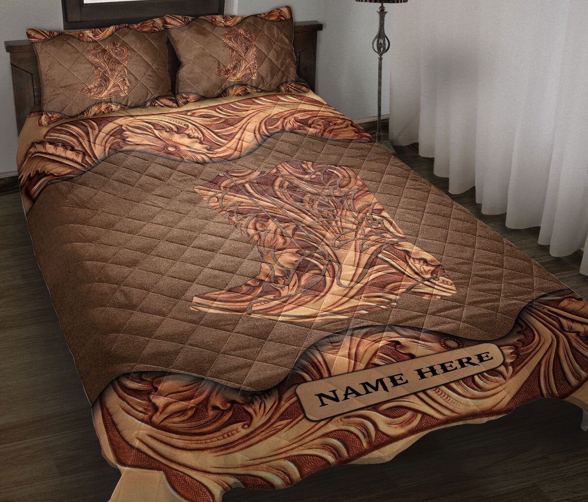 Ohaprints-Quilt-Bed-Set-Pillowcase-Wood-Cowboy-Cowgirl-Boots-Sculpture-Pattern-Custom-Personalized-Name-Blanket-Bedspread-Bedding-3726-Throw (55'' x 60'')