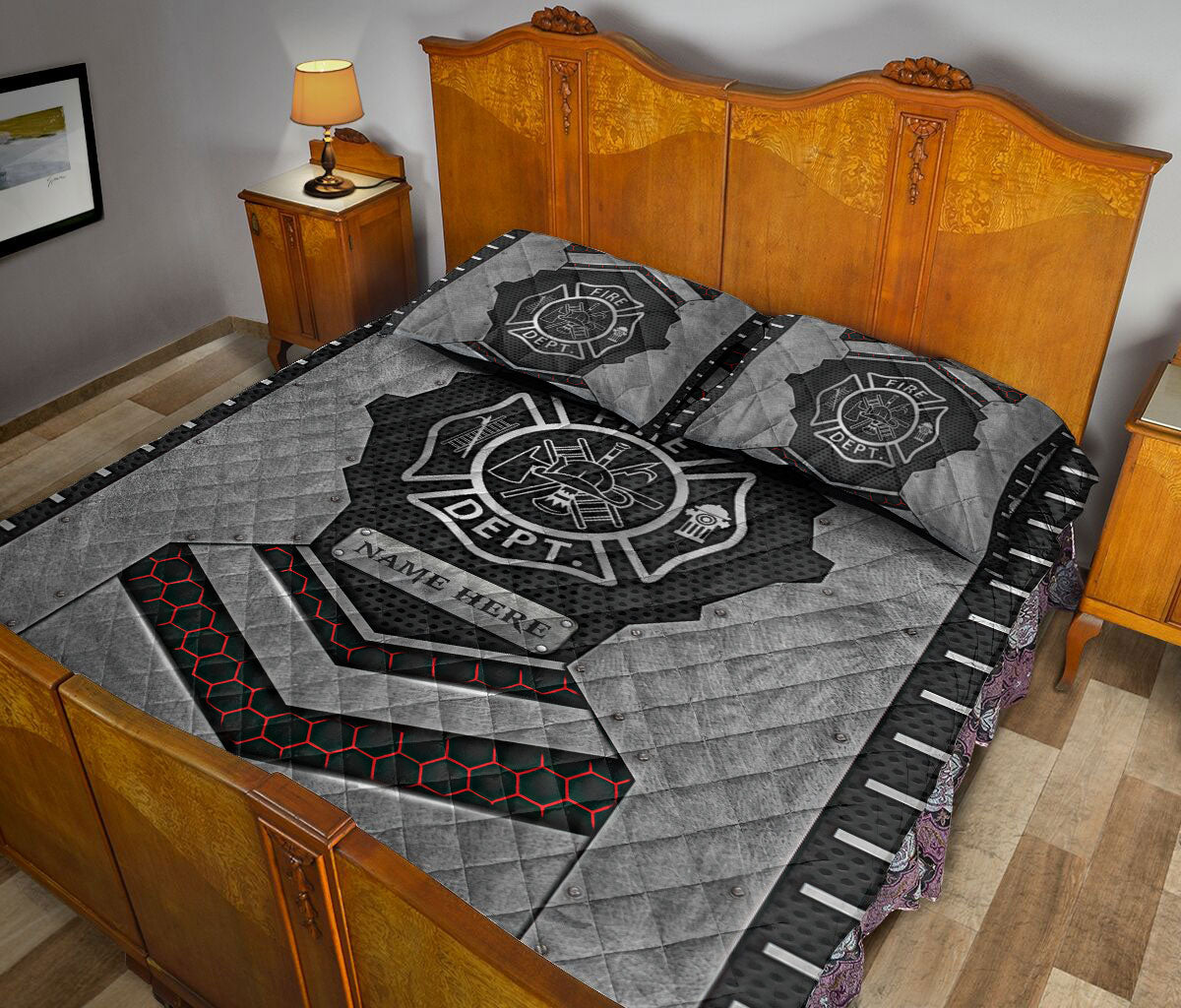 Ohaprints-Quilt-Bed-Set-Pillowcase-Firefighter-Carbon-Stone-Metal-Silver-Custom-Personalized-Name-Blanket-Bedspread-Bedding-3745-King (90'' x 100'')