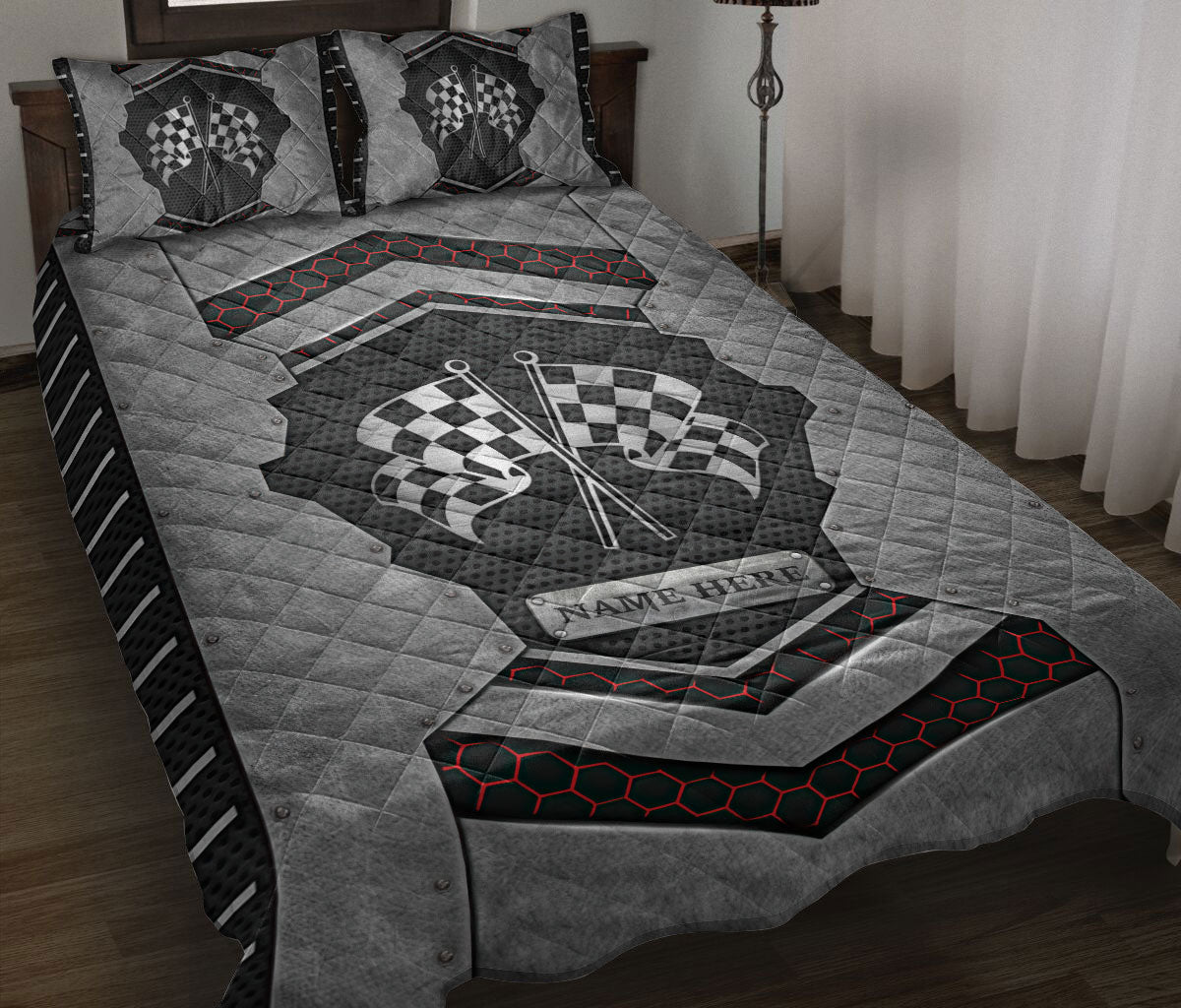 Ohaprints-Quilt-Bed-Set-Pillowcase-Racing-Checkered-Carbon-Stone-Metal-Silver-Custom-Personalized-Name-Blanket-Bedspread-Bedding-3354-Throw (55'' x 60'')