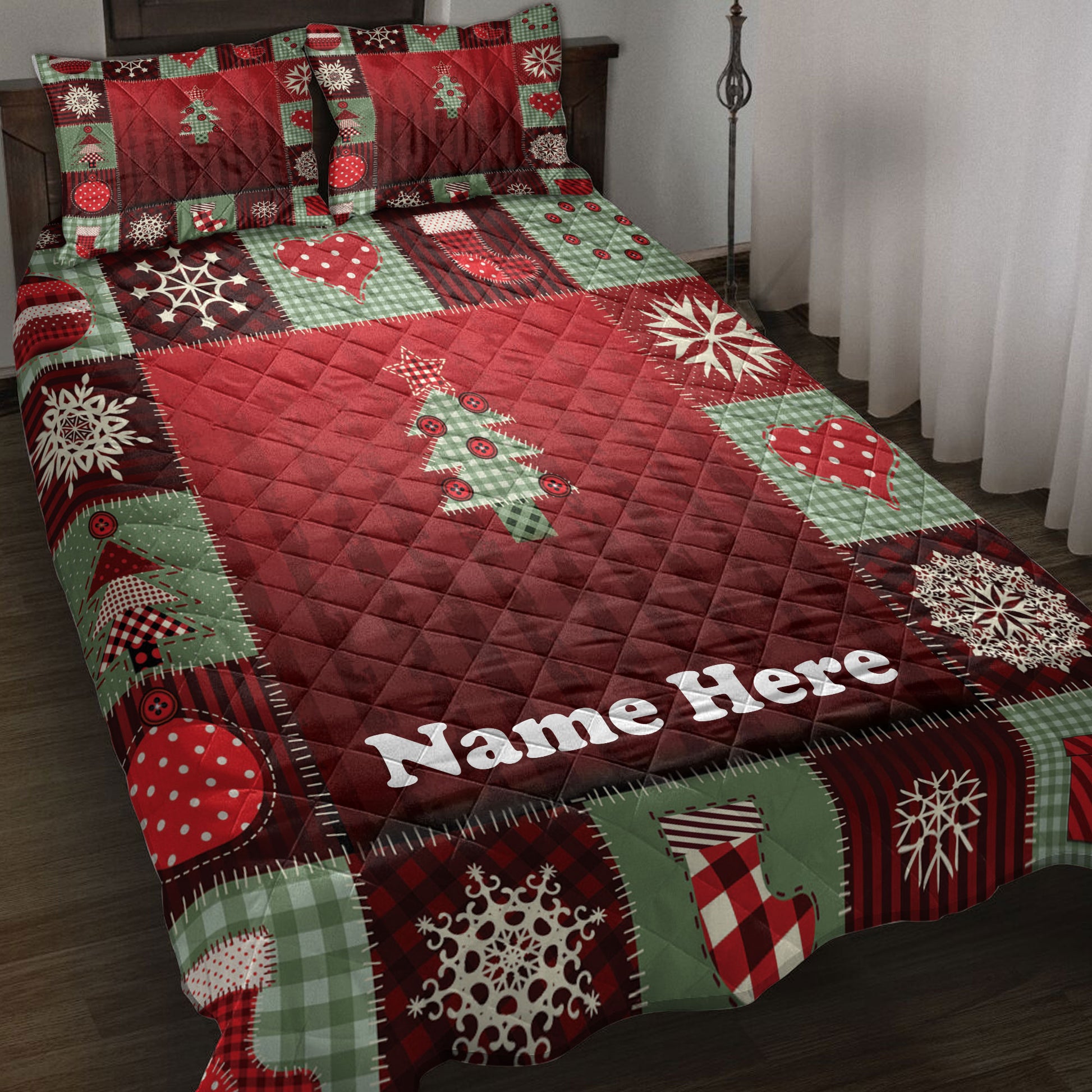 Ohaprints-Quilt-Bed-Set-Pillowcase-Merry-Christmas-Patchwork-Red-Plaid-Pattern-Custom-Personalized-Name-Blanket-Bedspread-Bedding-3907-Throw (55'' x 60'')