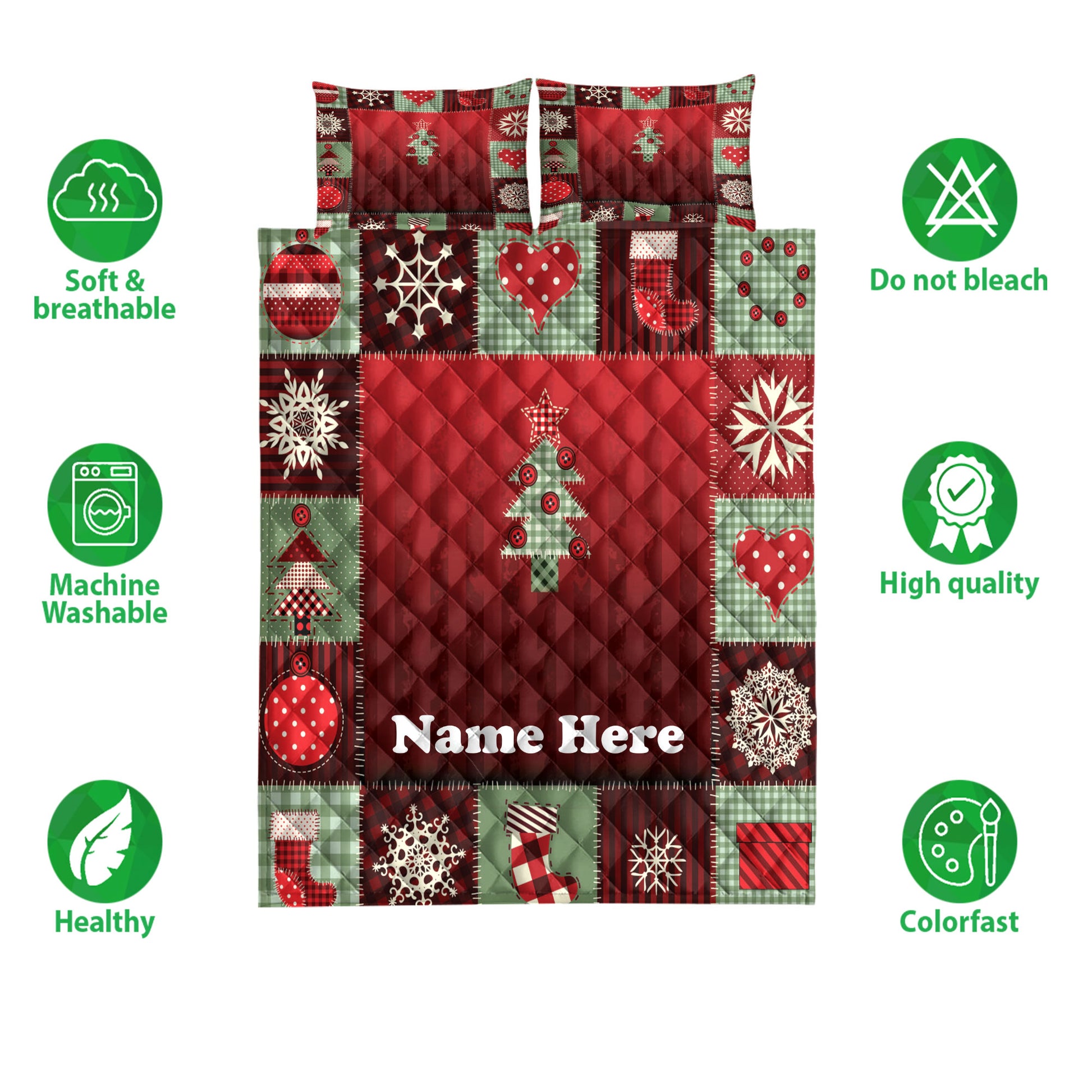 Ohaprints-Quilt-Bed-Set-Pillowcase-Merry-Christmas-Patchwork-Red-Plaid-Pattern-Custom-Personalized-Name-Blanket-Bedspread-Bedding-3907-Double (70'' x 80'')