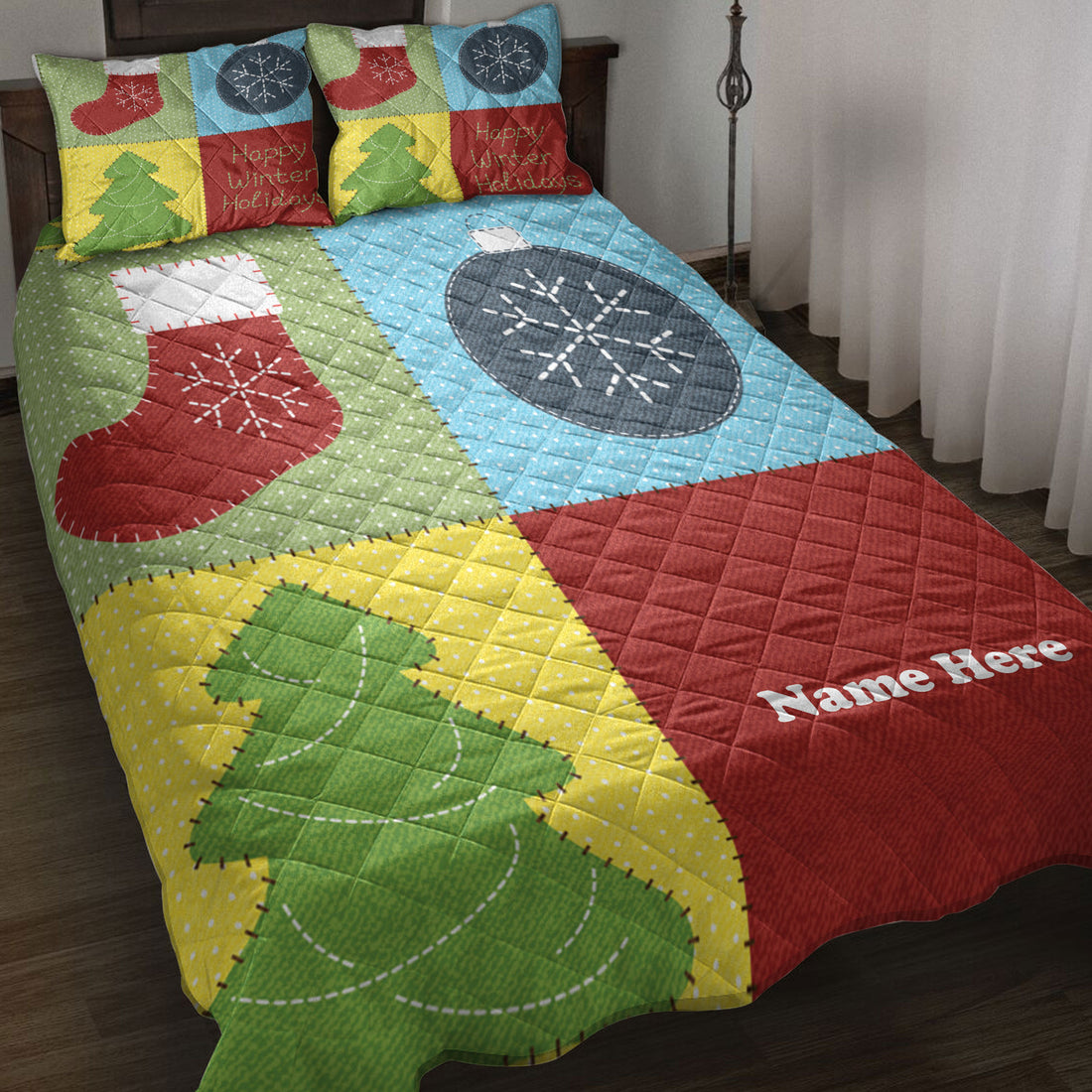 Ohaprints-Quilt-Bed-Set-Pillowcase-Christmas-Tree-Patchwork-Pattern-Gift-Custom-Personalized-Name-Blanket-Bedspread-Bedding-3909-Throw (55'' x 60'')