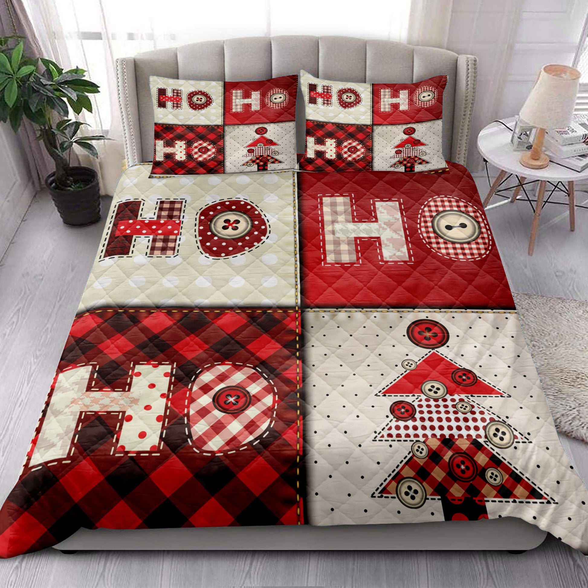 Ohaprints-Quilt-Bed-Set-Pillowcase-Christmas-Tree-Hohoho-Buffalo-Red-Plaid-Pattern-Xmas-Holiday-Unique-Blanket-Bedspread-Bedding-3923-King (90'' x 100'')