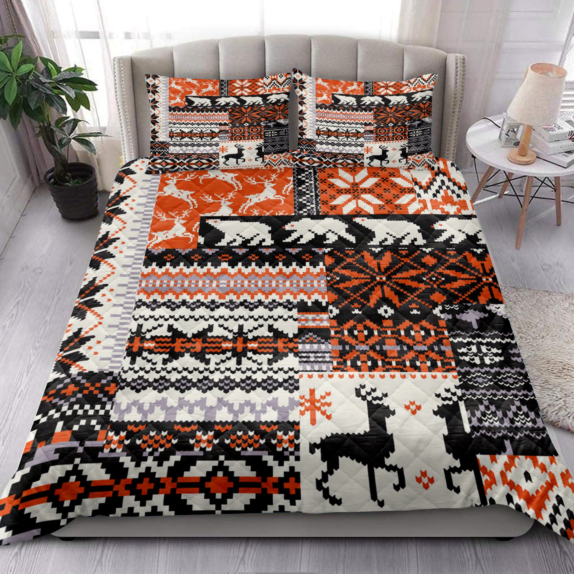 Ohaprints-Quilt-Bed-Set-Pillowcase-Christmas-Rustic-Cabin-Bear-Deer-Orange-Black-Plaid-Xmas-Holiday-Blanket-Bedspread-Bedding-3925-King (90'' x 100'')