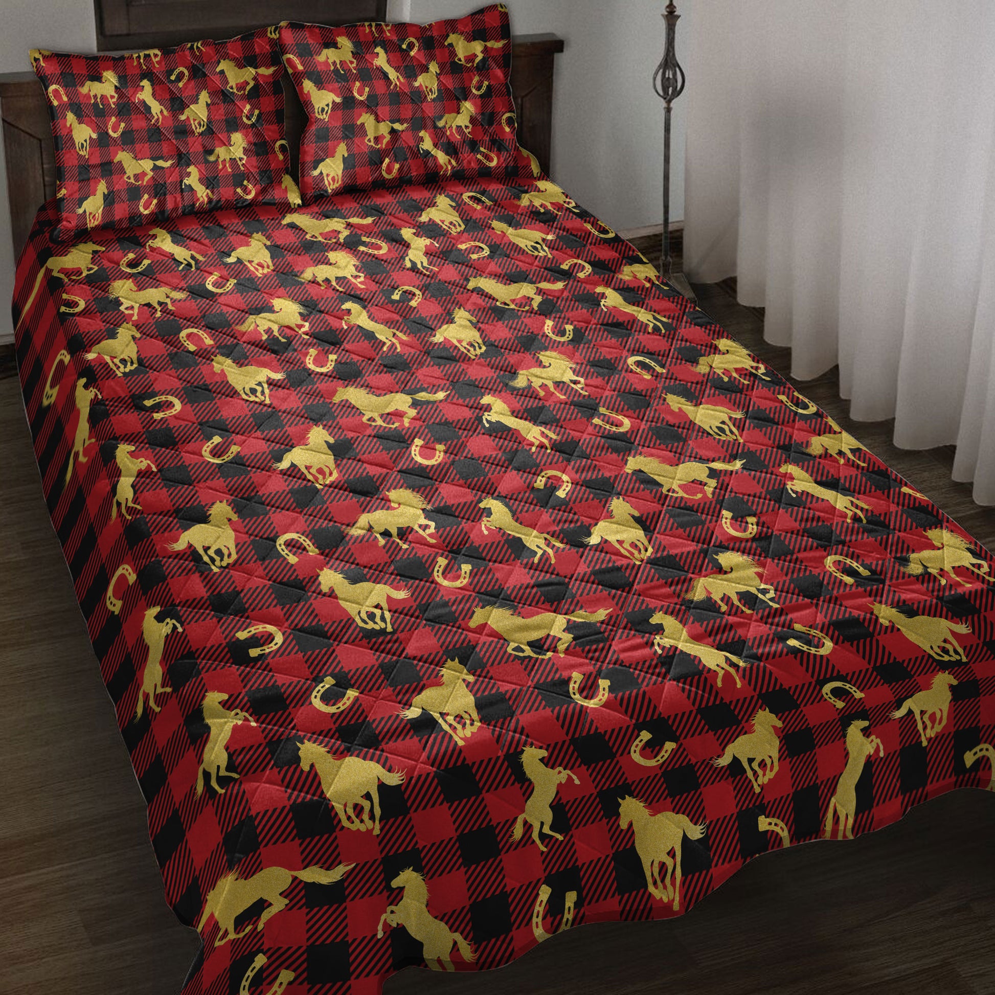 Ohaprints-Quilt-Bed-Set-Pillowcase-Horse-Horseshoe-Gold-Glitter-Christmas-Red-Buffalo-Plaid-Pattern-Blanket-Bedspread-Bedding-4018-Throw (55'' x 60'')