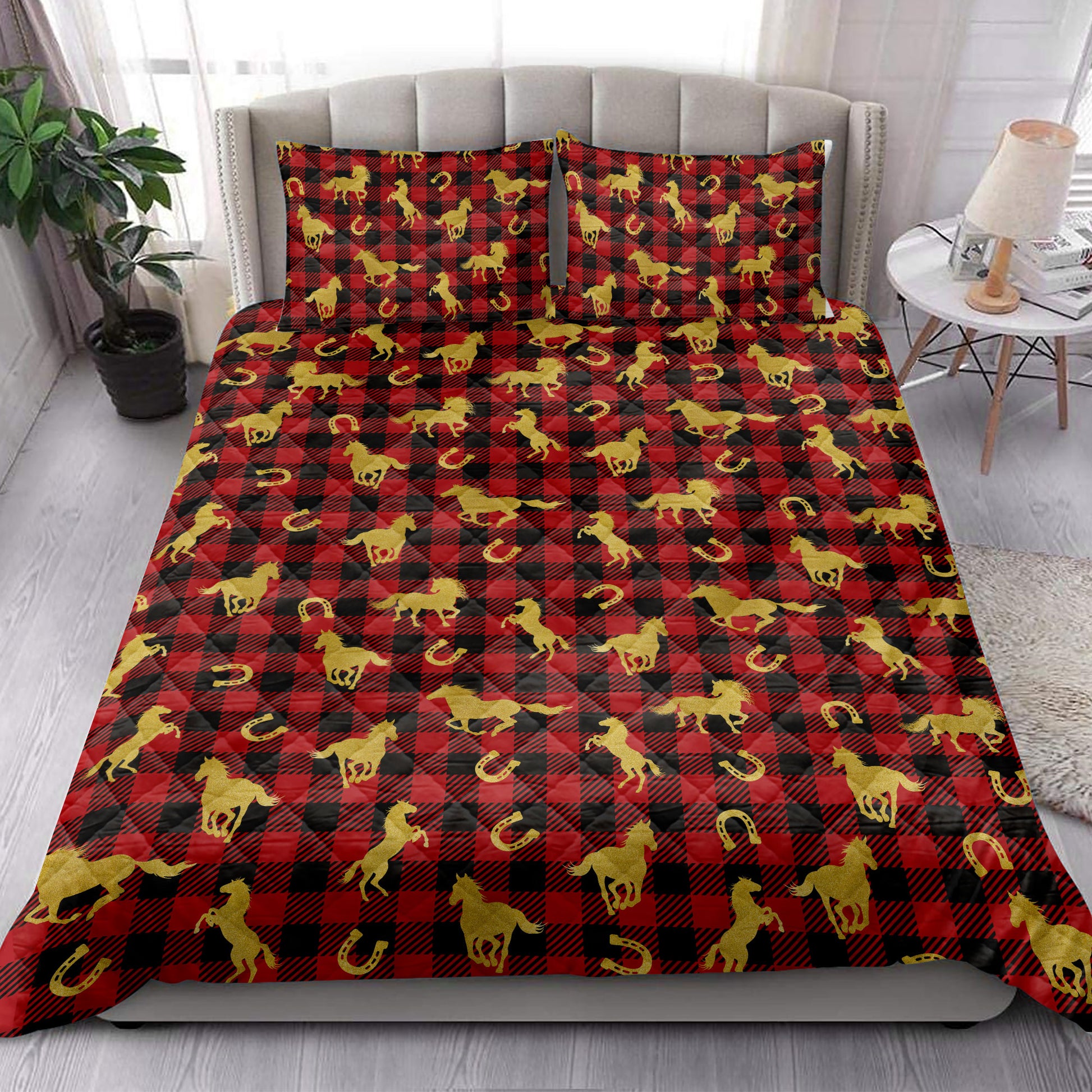 Ohaprints-Quilt-Bed-Set-Pillowcase-Horse-Horseshoe-Gold-Glitter-Christmas-Red-Buffalo-Plaid-Pattern-Blanket-Bedspread-Bedding-4018-King (90'' x 100'')