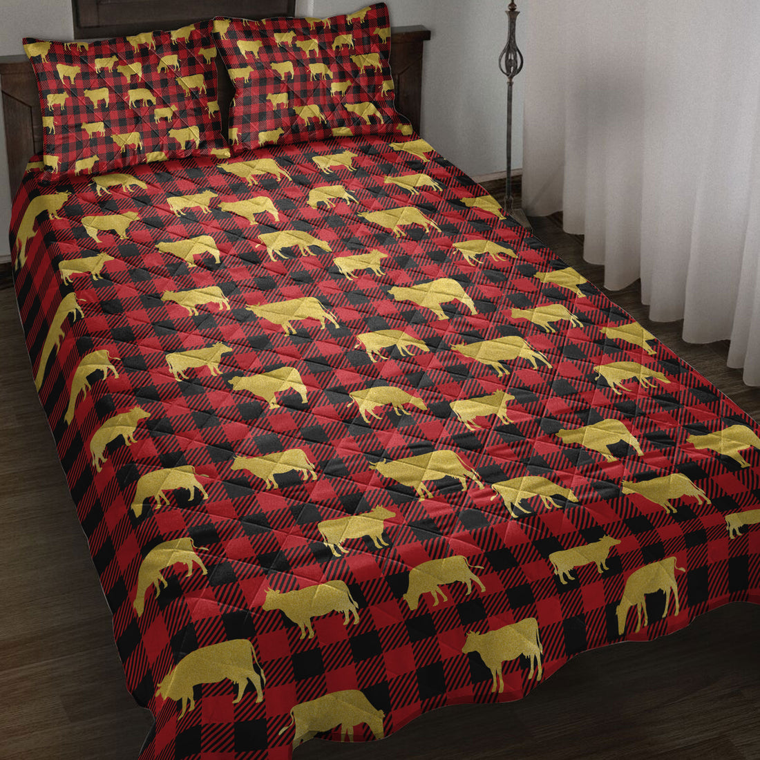 Ohaprints-Quilt-Bed-Set-Pillowcase-Gold-Glitter-Christmas-Red-Buffalo-Plaid-Pattern-Blanket-Bedspread-Bedding-4019-Throw (55'' x 60'')