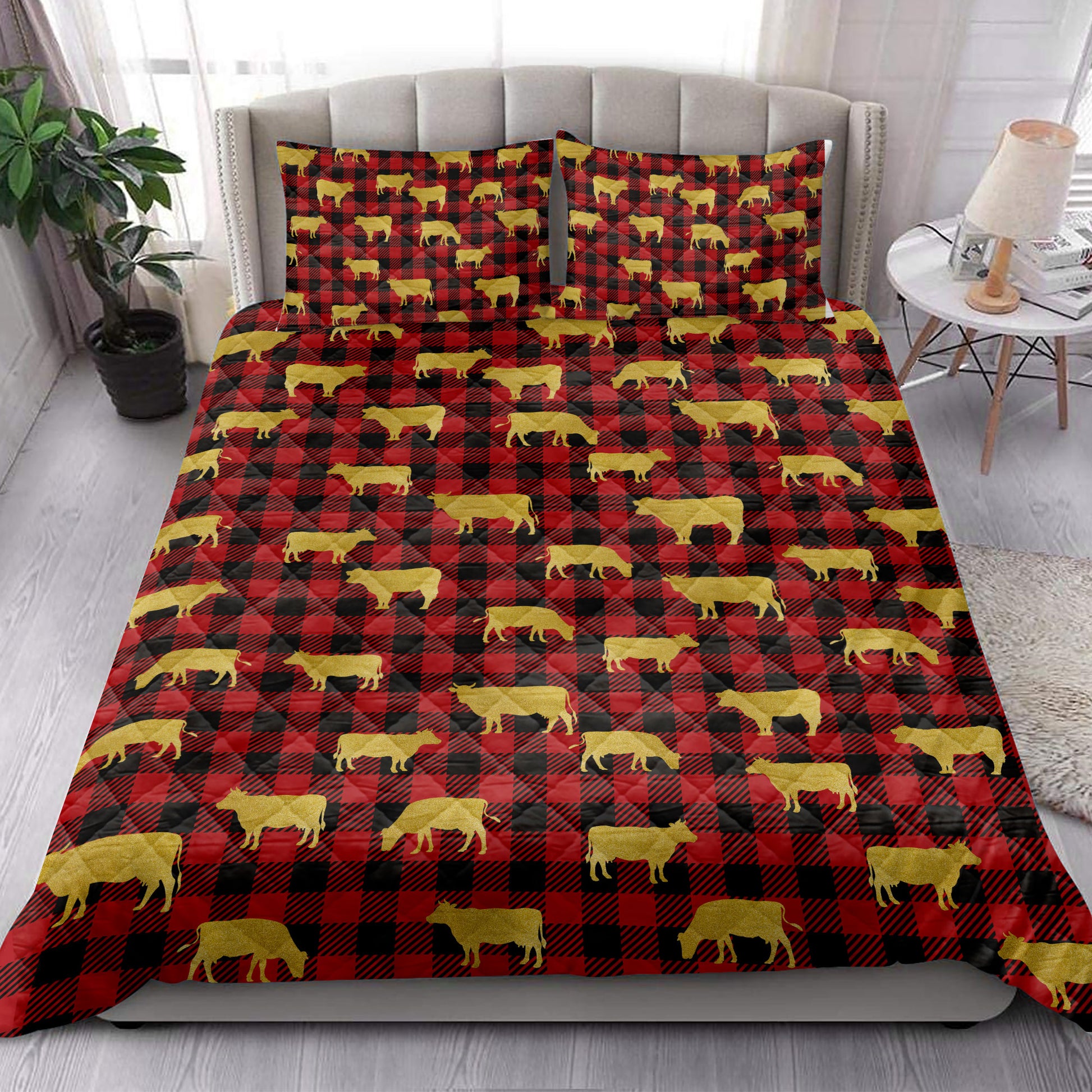 Ohaprints-Quilt-Bed-Set-Pillowcase-Gold-Glitter-Christmas-Red-Buffalo-Plaid-Pattern-Blanket-Bedspread-Bedding-4019-King (90'' x 100'')