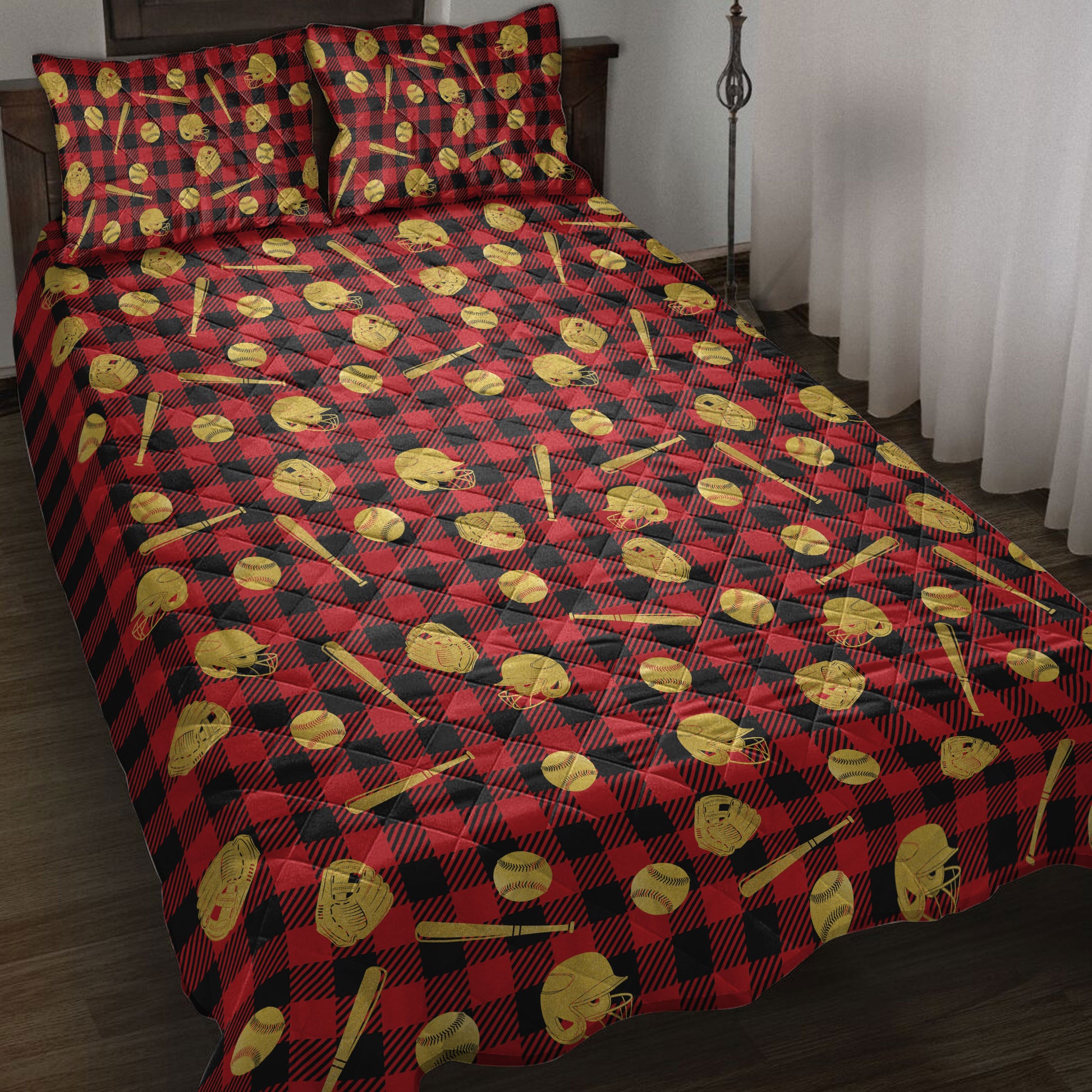 Ohaprints-Quilt-Bed-Set-Pillowcase-Baseball-Gold-Glitter-Christmas-Red-Buffalo-Plaid-Pattern-Blanket-Bedspread-Bedding-4020-Throw (55'' x 60'')