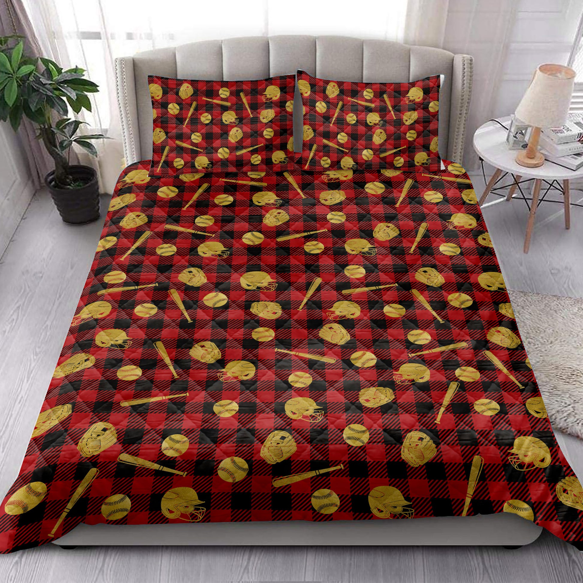 Ohaprints-Quilt-Bed-Set-Pillowcase-Baseball-Gold-Glitter-Christmas-Red-Buffalo-Plaid-Pattern-Blanket-Bedspread-Bedding-4020-King (90'' x 100'')