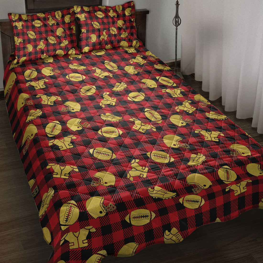 Ohaprints-Quilt-Bed-Set-Pillowcase-Football-Gold-Glitter-Christmas-Red-Buffalo-Plaid-Pattern-Blanket-Bedspread-Bedding-4021-Throw (55'' x 60'')