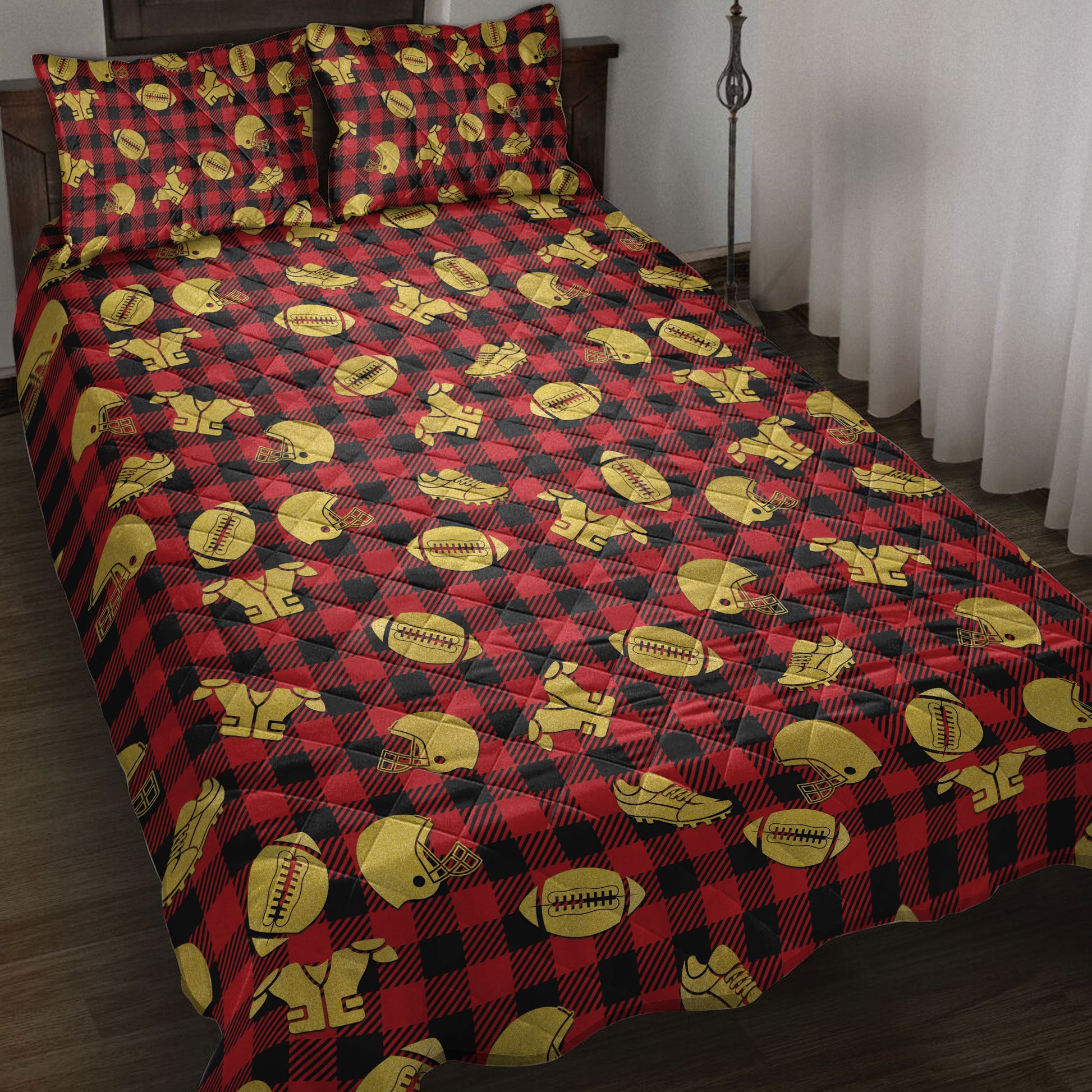 Ohaprints-Quilt-Bed-Set-Pillowcase-Football-Gold-Glitter-Christmas-Red-Buffalo-Plaid-Pattern-Blanket-Bedspread-Bedding-4021-Throw (55'' x 60'')