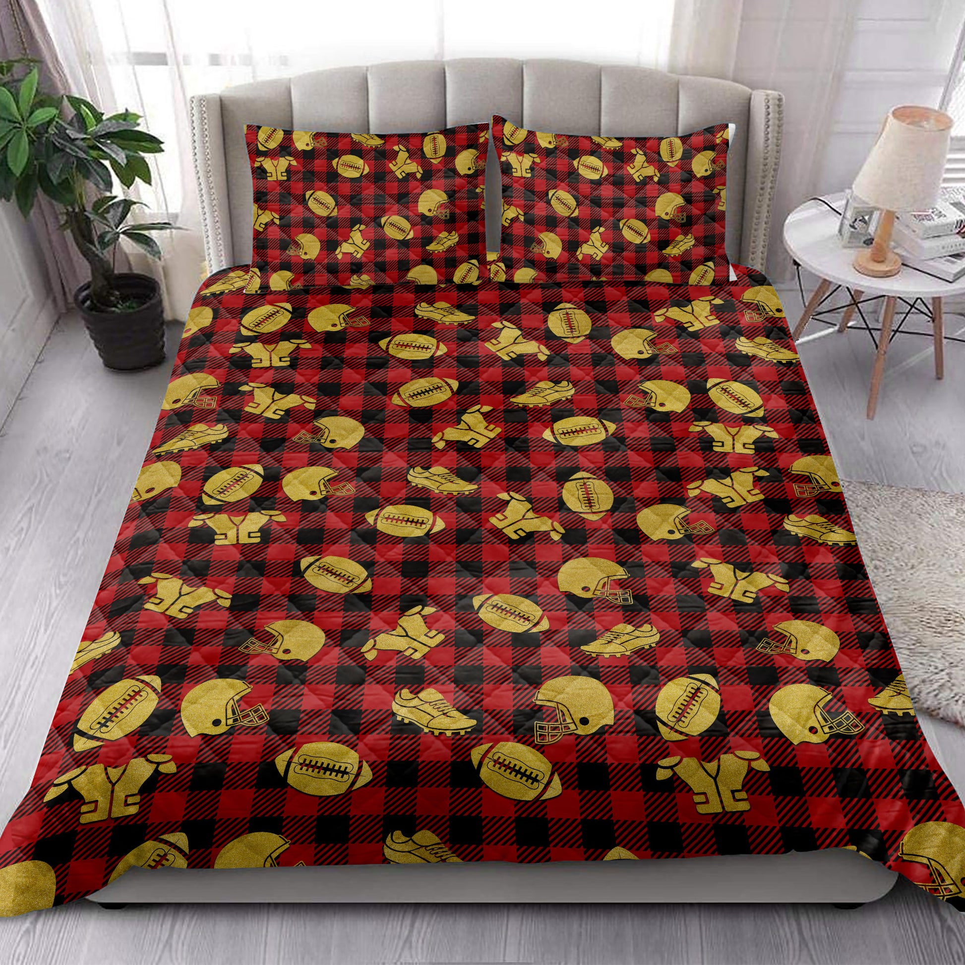 Ohaprints-Quilt-Bed-Set-Pillowcase-Football-Gold-Glitter-Christmas-Red-Buffalo-Plaid-Pattern-Blanket-Bedspread-Bedding-4021-King (90'' x 100'')