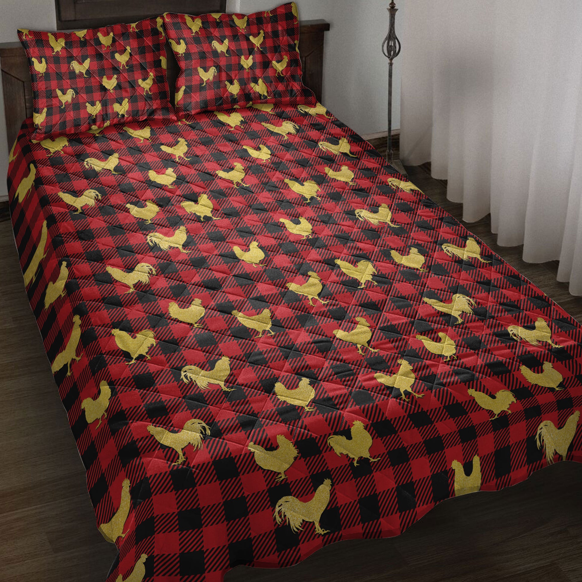 Ohaprints-Quilt-Bed-Set-Pillowcase-Chicken-Gold-Glitter-Christmas-Red-Buffalo-Plaid-Pattern-Blanket-Bedspread-Bedding-4022-Throw (55'' x 60'')