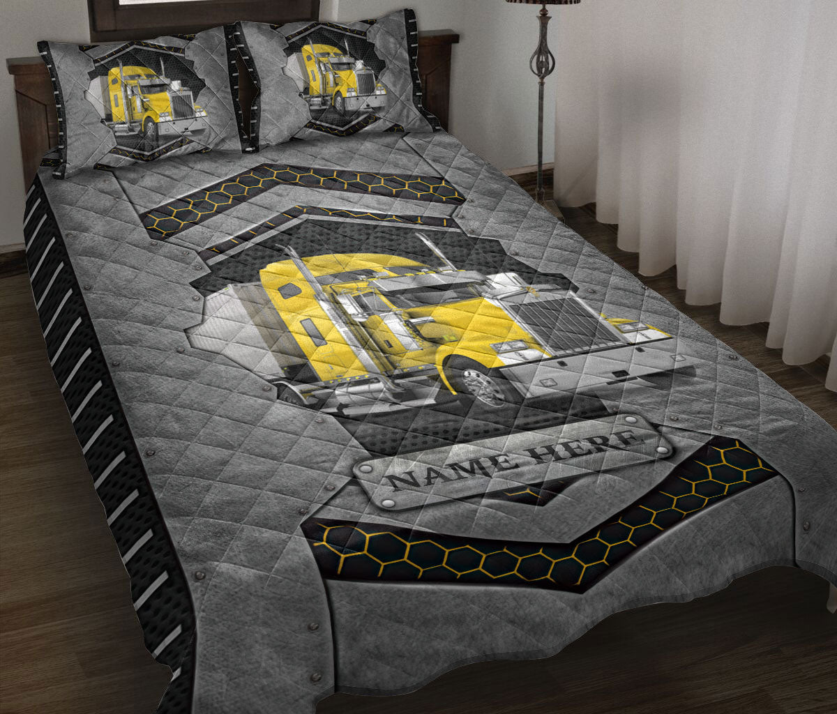 Ohaprints-Quilt-Bed-Set-Pillowcase-Yellow-Truck-Trucker-Driver-Carbon-Stone-Custom-Personalized-Name-Blanket-Bedspread-Bedding-3564-Throw (55'' x 60'')