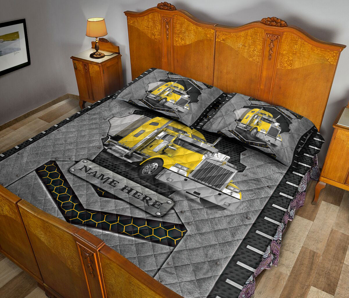 Ohaprints-Quilt-Bed-Set-Pillowcase-Yellow-Truck-Trucker-Driver-Carbon-Stone-Custom-Personalized-Name-Blanket-Bedspread-Bedding-3564-King (90'' x 100'')