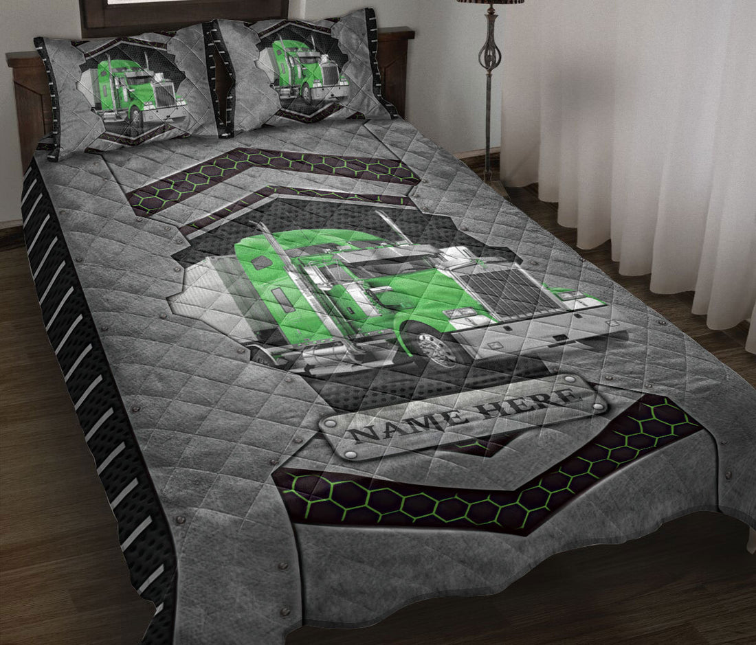 Ohaprints-Quilt-Bed-Set-Pillowcase-Green-Truck-Trucker-Driver-Carbon-Stone-Custom-Personalized-Name-Blanket-Bedspread-Bedding-3565-Throw (55'' x 60'')