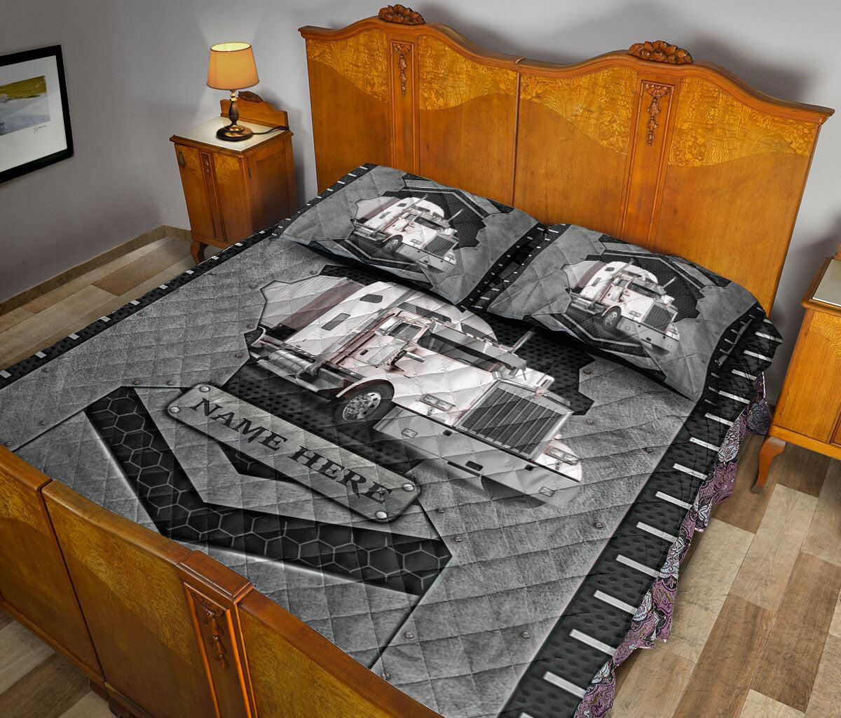 Ohaprints-Quilt-Bed-Set-Pillowcase-White-Truck-Trucker-Driver-Carbon-Stone-Custom-Personalized-Name-Blanket-Bedspread-Bedding-3566-King (90'' x 100'')