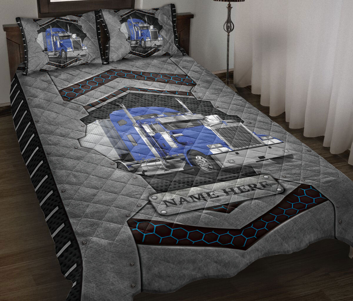 Ohaprints-Quilt-Bed-Set-Pillowcase-Blue-Truck-Trucker-Driver-Carbon-Stone-Custom-Personalized-Name-Blanket-Bedspread-Bedding-3567-Throw (55'' x 60'')