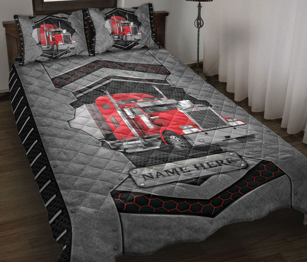 Ohaprints-Quilt-Bed-Set-Pillowcase-Red-Truck-Trucker-Truck-Driver-Carbon-Stone-Custom-Personalized-Name-Blanket-Bedspread-Bedding-3569-Throw (55'' x 60'')