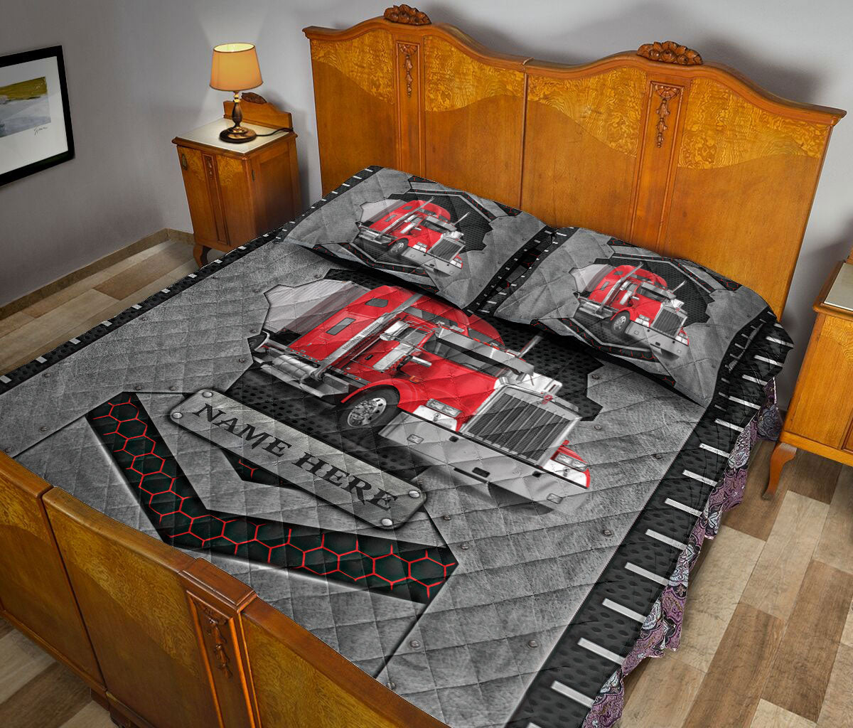 Ohaprints-Quilt-Bed-Set-Pillowcase-Red-Truck-Trucker-Truck-Driver-Carbon-Stone-Custom-Personalized-Name-Blanket-Bedspread-Bedding-3569-King (90'' x 100'')