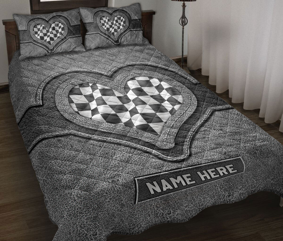 Ohaprints-Quilt-Bed-Set-Pillowcase-Racing-Checkered-Flag-Heart-Gray-Pattern-Custom-Personalized-Name-Blanket-Bedspread-Bedding-3360-Throw (55'' x 60'')