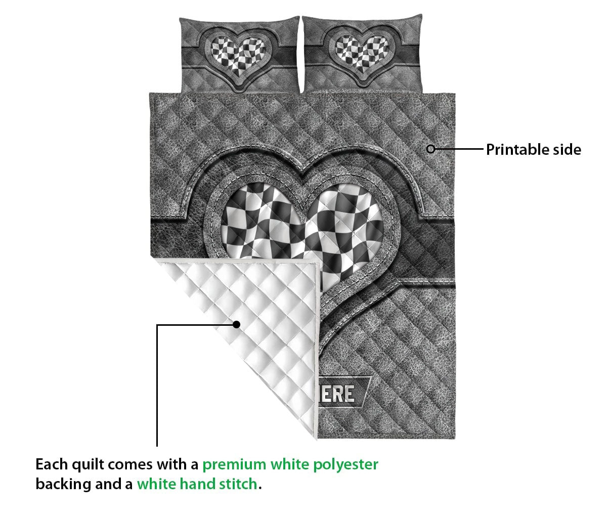 Ohaprints-Quilt-Bed-Set-Pillowcase-Racing-Checkered-Flag-Heart-Gray-Pattern-Custom-Personalized-Name-Blanket-Bedspread-Bedding-3360-Queen (80'' x 90'')