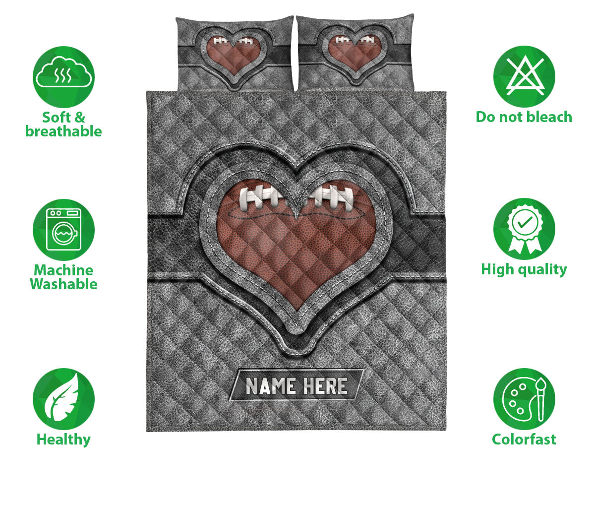 Ohaprints-Quilt-Bed-Set-Pillowcase-American-Football-Heart-Gray-Pattern-Unique-Gift-Custom-Personalized-Name-Blanket-Bedspread-Bedding-3156-Double (70'' x 80'')