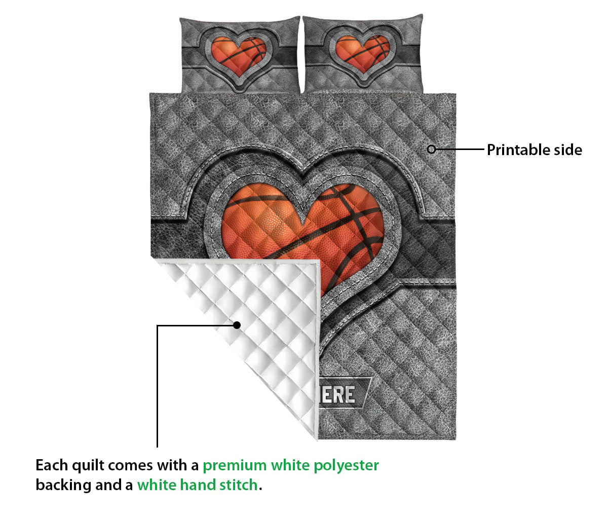 Ohaprints-Quilt-Bed-Set-Pillowcase-Basketball-Heart-Gray-Pattern-Unique-Gift-Custom-Personalized-Name-Blanket-Bedspread-Bedding-3409-Queen (80'' x 90'')