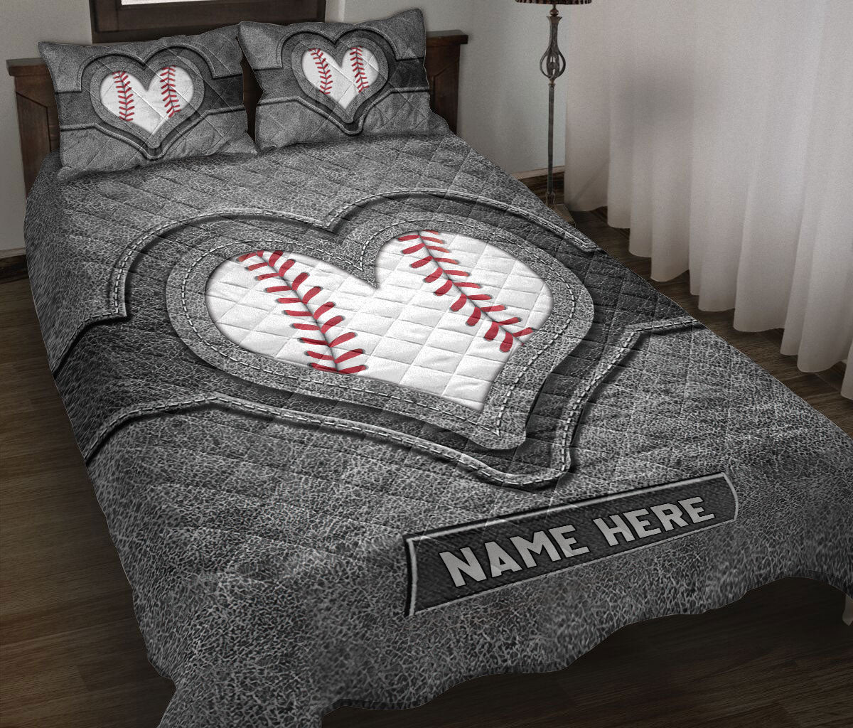 Ohaprints-Quilt-Bed-Set-Pillowcase-Baseball-Heart-Gray-Pattern-Unique-Gift-Custom-Personalized-Name-Blanket-Bedspread-Bedding-3212-Throw (55'' x 60'')