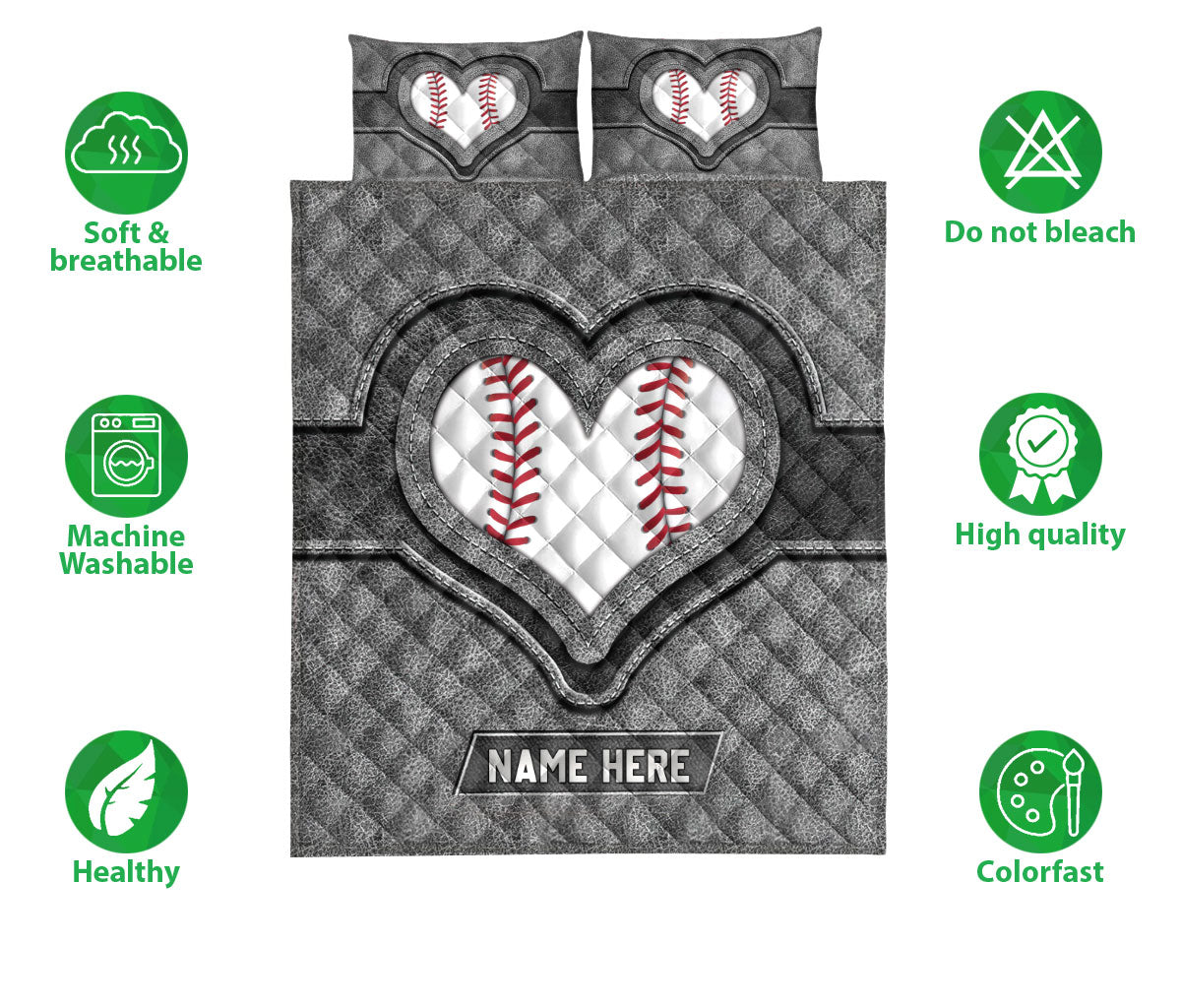 Ohaprints-Quilt-Bed-Set-Pillowcase-Baseball-Heart-Gray-Pattern-Unique-Gift-Custom-Personalized-Name-Blanket-Bedspread-Bedding-3212-Double (70'' x 80'')