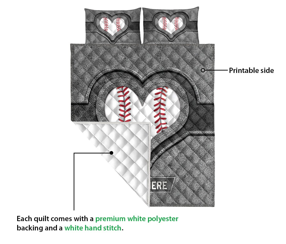 Ohaprints-Quilt-Bed-Set-Pillowcase-Baseball-Heart-Gray-Pattern-Unique-Gift-Custom-Personalized-Name-Blanket-Bedspread-Bedding-3212-Queen (80'' x 90'')