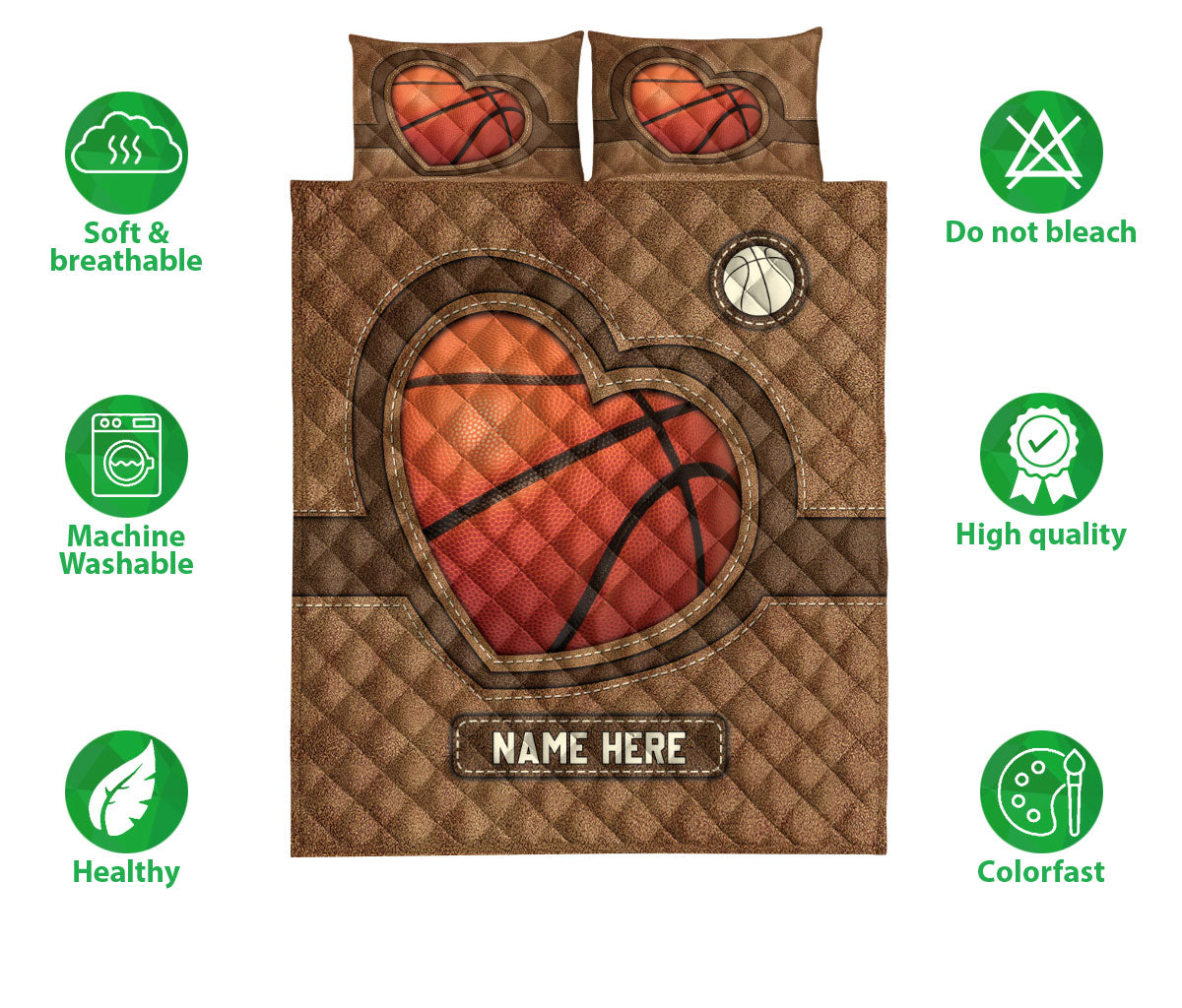 Ohaprints-Quilt-Bed-Set-Pillowcase-Basketball-Heart-Brown-Pattern-Unique-Gift-Custom-Personalized-Name-Blanket-Bedspread-Bedding-3410-Double (70'' x 80'')